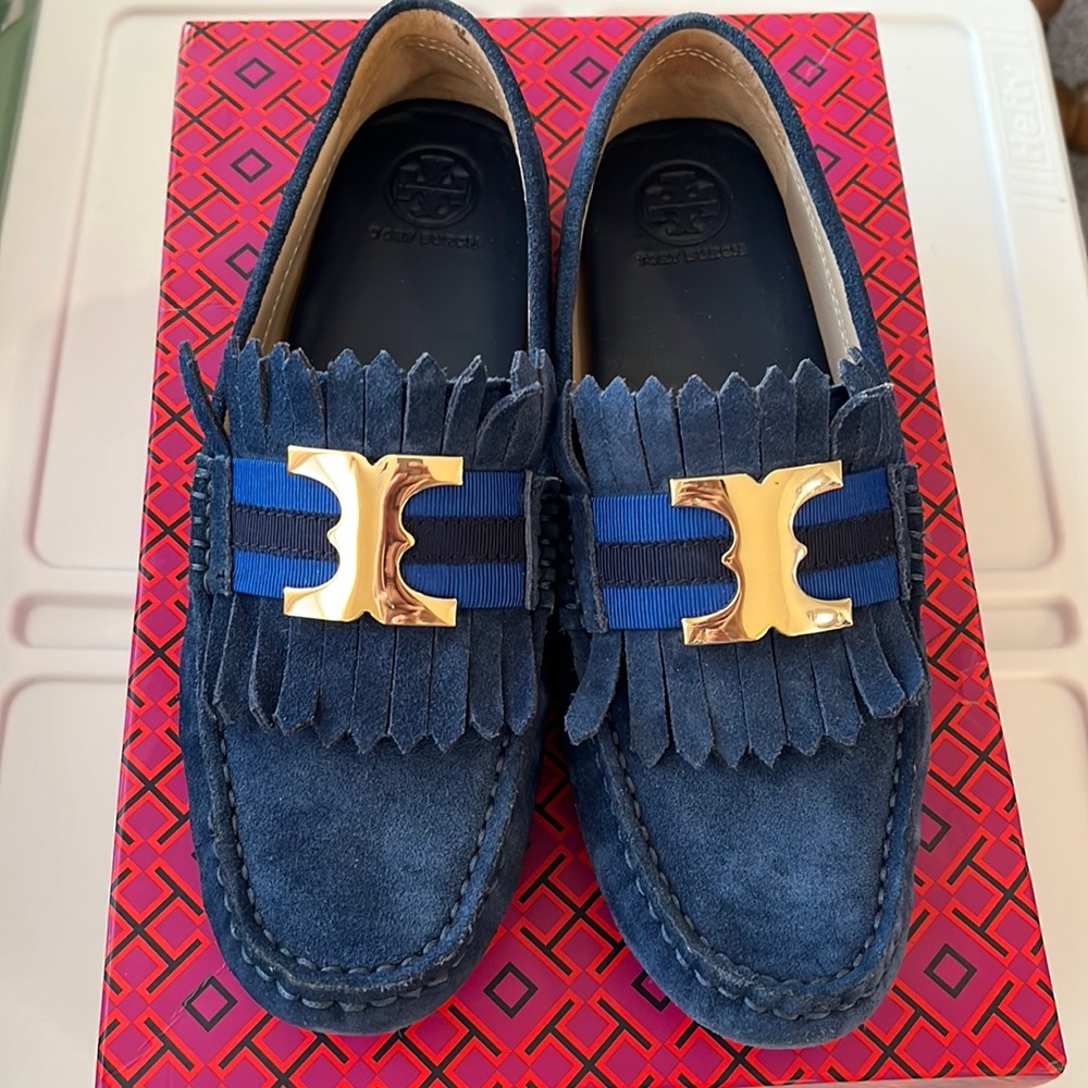 Tory Burch Navy Suede Gemini Driving Loafers